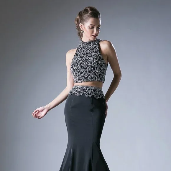 NEW LONG TWO PIECES MERMAID EMBROIDERED DRESS WITH CUTOUT ZIPPER BACK CD 11574 - Picture 3 of 8